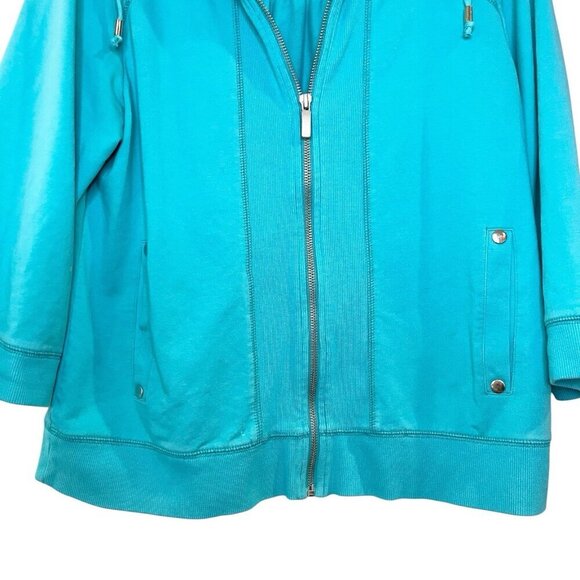 Weekends By Chico's Turquoise Blue 3/4 Sleeve Full Zip Sweatshirt Jacket Stretch - Picture 3 of 5